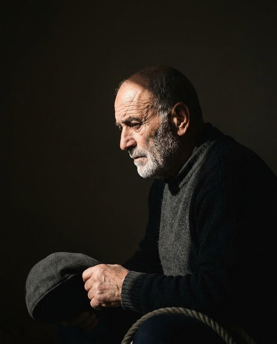 A fisherman in a cap, in profile, the digital original