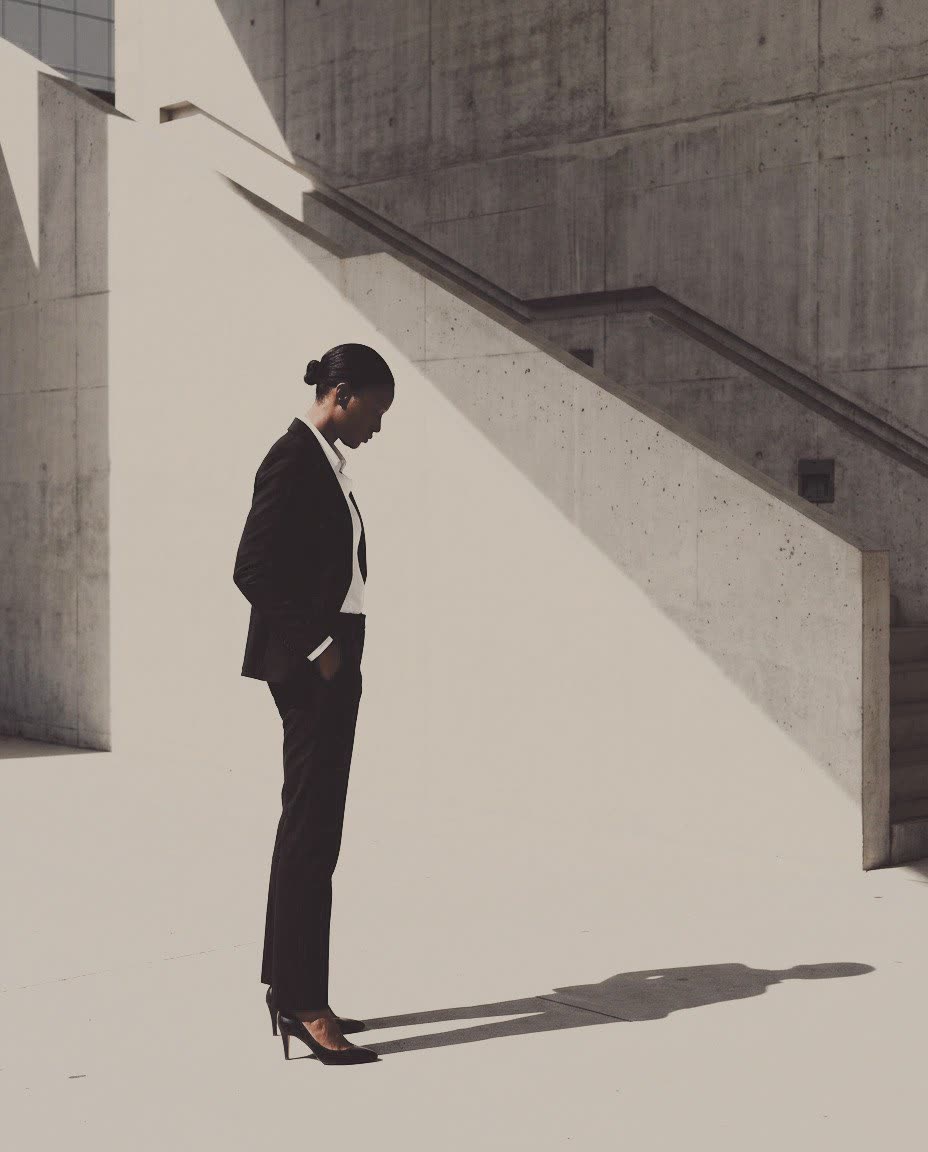 A woman in a dark suit by a concrete stair in hard light, developed in Analog Signature