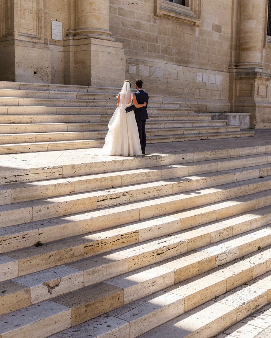 A couple on sunlit limestone steps in Valletta, the digital original
