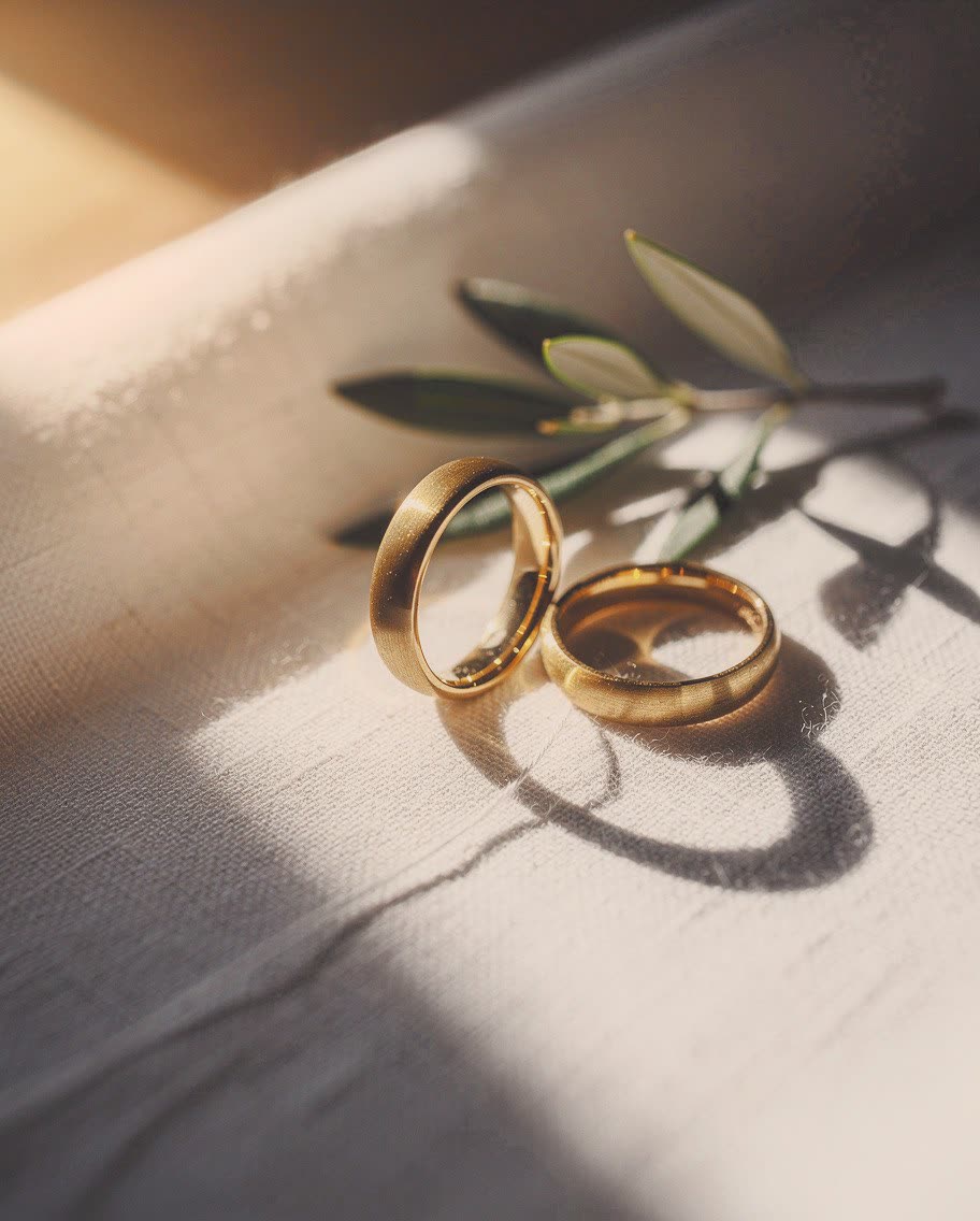 Two wedding rings and an olive sprig in raking light, developed in Analog Signature