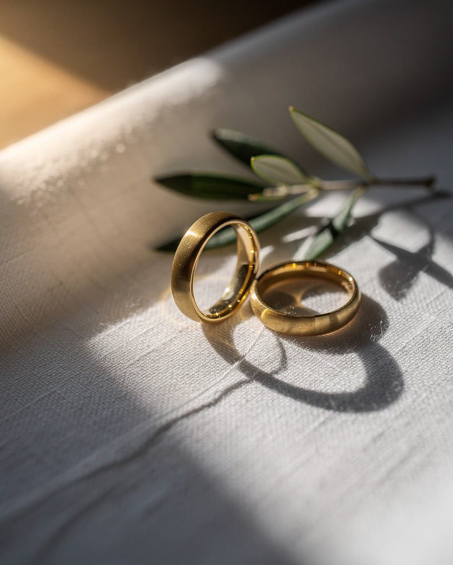 Two wedding rings and an olive sprig in raking light, the digital original